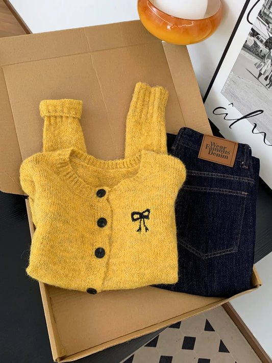 Korean lazy bow embroidered knitted cardigan sweater women's autumn and winter new niche retro high-end yellow top