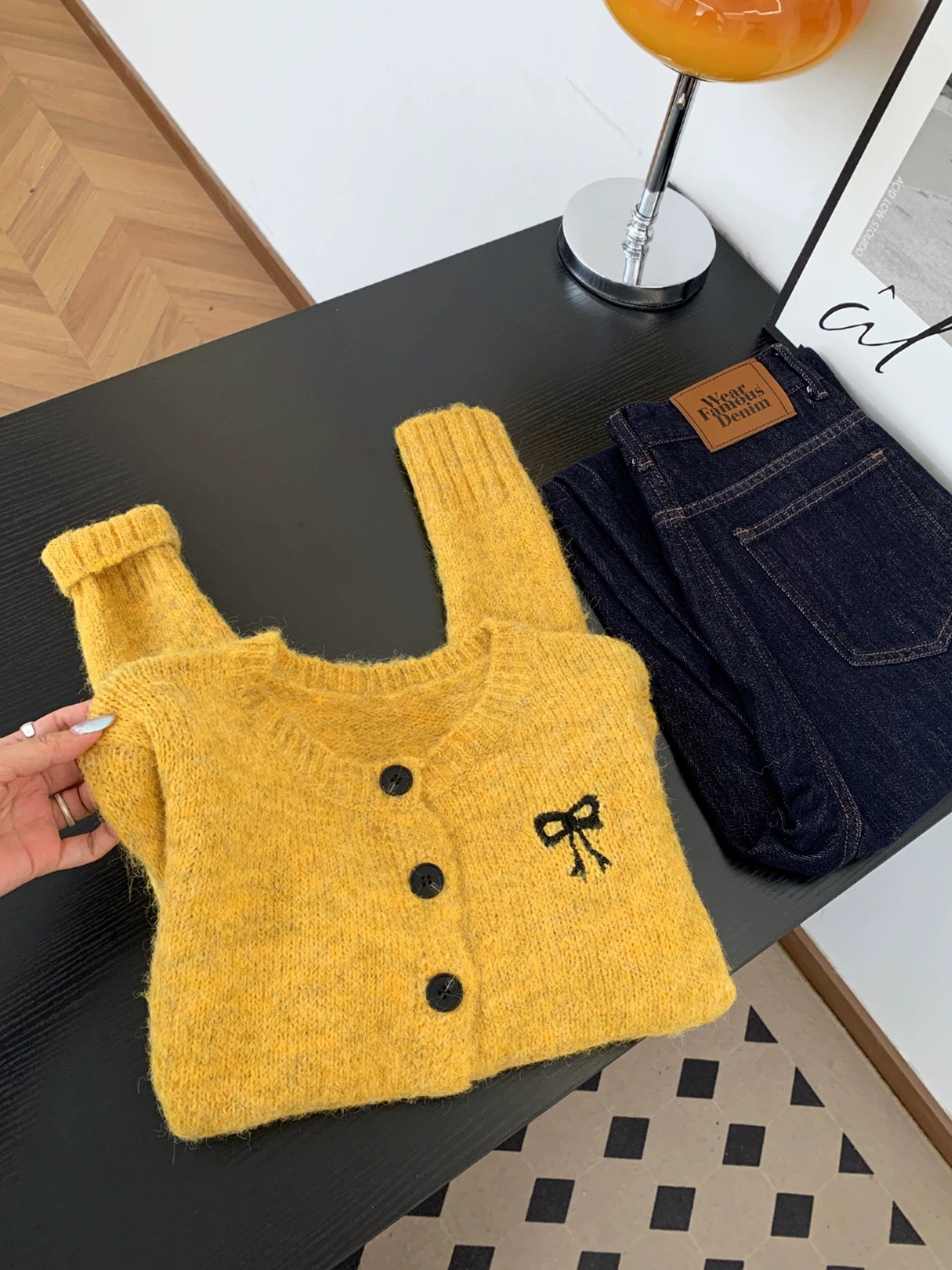 Korean lazy bow embroidered knitted cardigan sweater women's autumn and winter new niche retro high-end yellow top