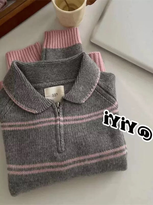 kk studio recommended ~ Korean style all-match autumn and winter half-zip small lapel striped knit sweater for women
