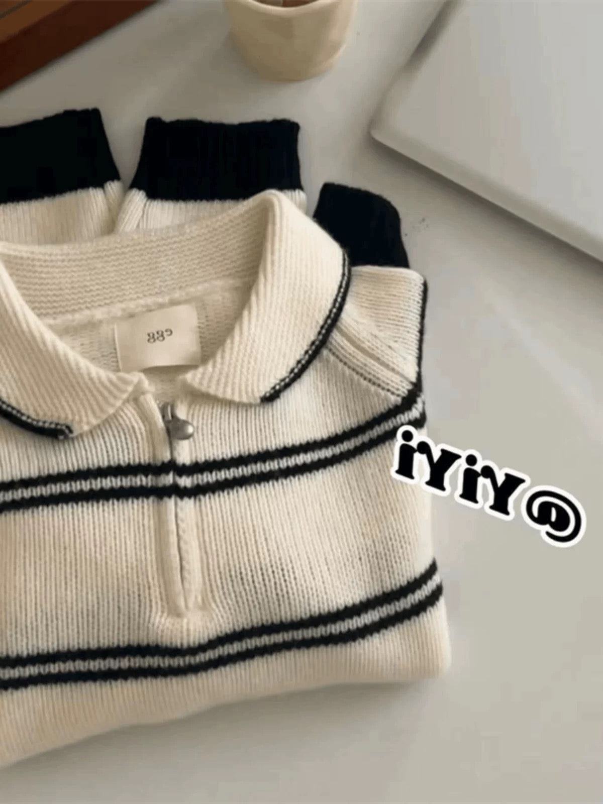 kk studio recommended ~ Korean style all-match autumn and winter half-zip small lapel striped knit sweater for women