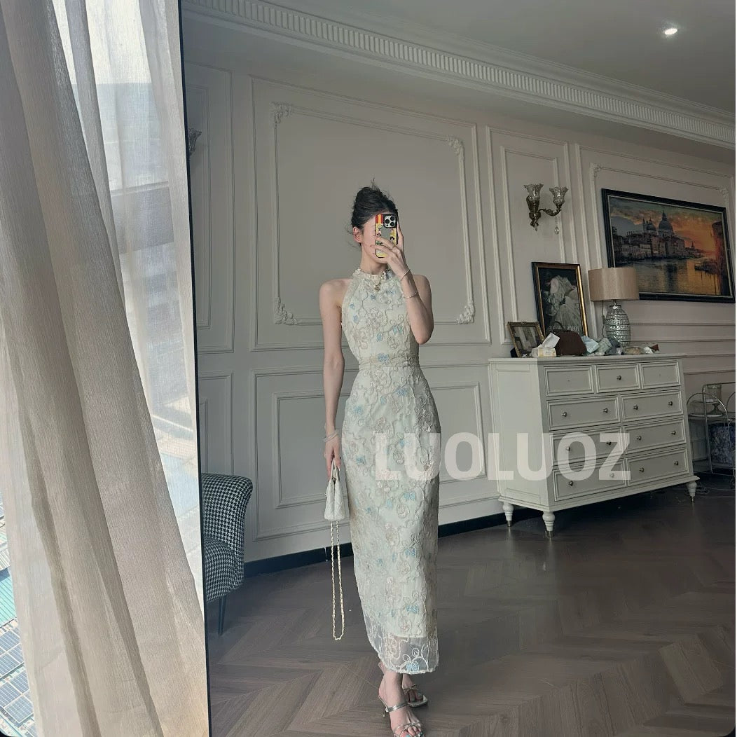 LUOLUOZ [Huayu Lakeside] High-end temperament heavy-duty light luxury sleeveless waist goddess dress CC099