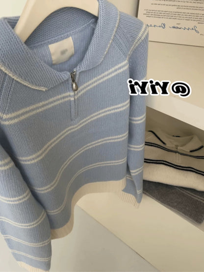 kk studio recommended ~ Korean style all-match autumn and winter half-zip small lapel striped knit sweater for women