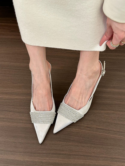 elingstudio cool and advanced! Silver pointed toe rhinestone high heel sandals for women spring and summer satin back hollow shoes