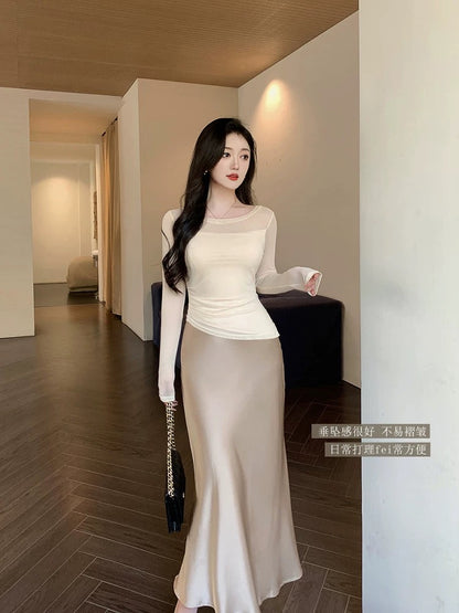 Lin Guanguan champagne imitation acetate satin skirt fishtail skirt a-line long skirt white drape hip skirt