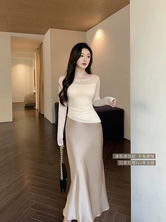 Lin Guanguan champagne imitation acetate satin skirt fishtail skirt a-line long skirt white drape hip skirt