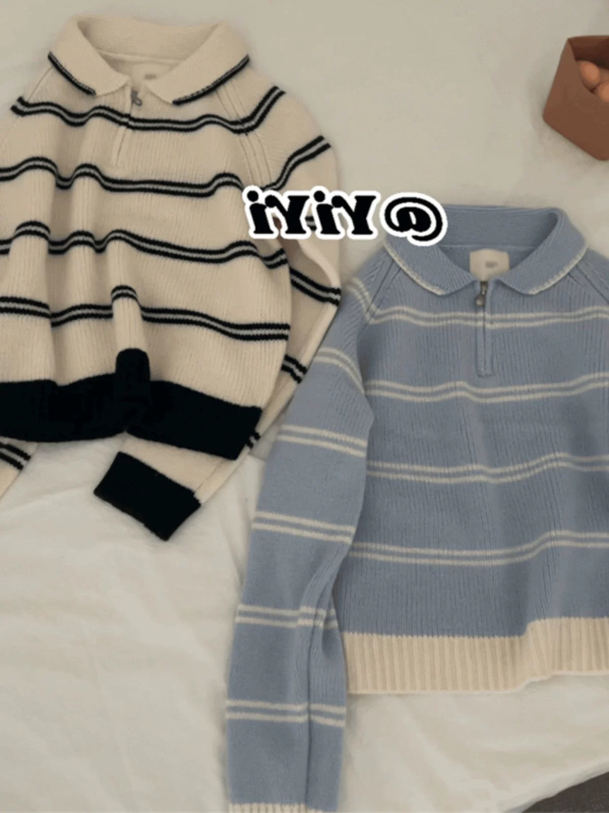 kk studio recommended ~ Korean style all-match autumn and winter half-zip small lapel striped knit sweater for women