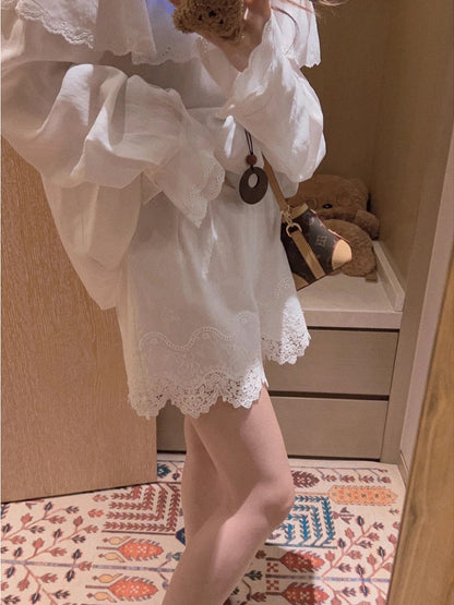 Yukiss [White Lace-Trimmed Shorts 2.0! Perfect for Babydoll Dresses! White Embroidered Cotton Shorts]