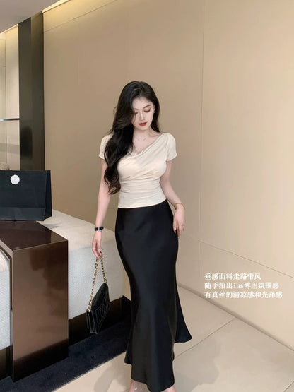 Lin Guanguan champagne imitation acetate satin skirt fishtail skirt a-line long skirt white drape hip skirt