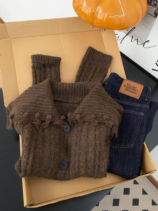 Maillard coffee navy collar tassel knitted cardigan women autumn and winter retro lazy style loose sweater jacket top