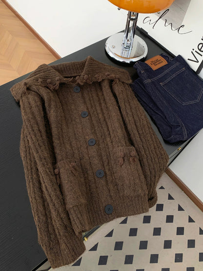 Maillard coffee navy collar tassel knitted cardigan women autumn and winter retro lazy style loose sweater jacket top