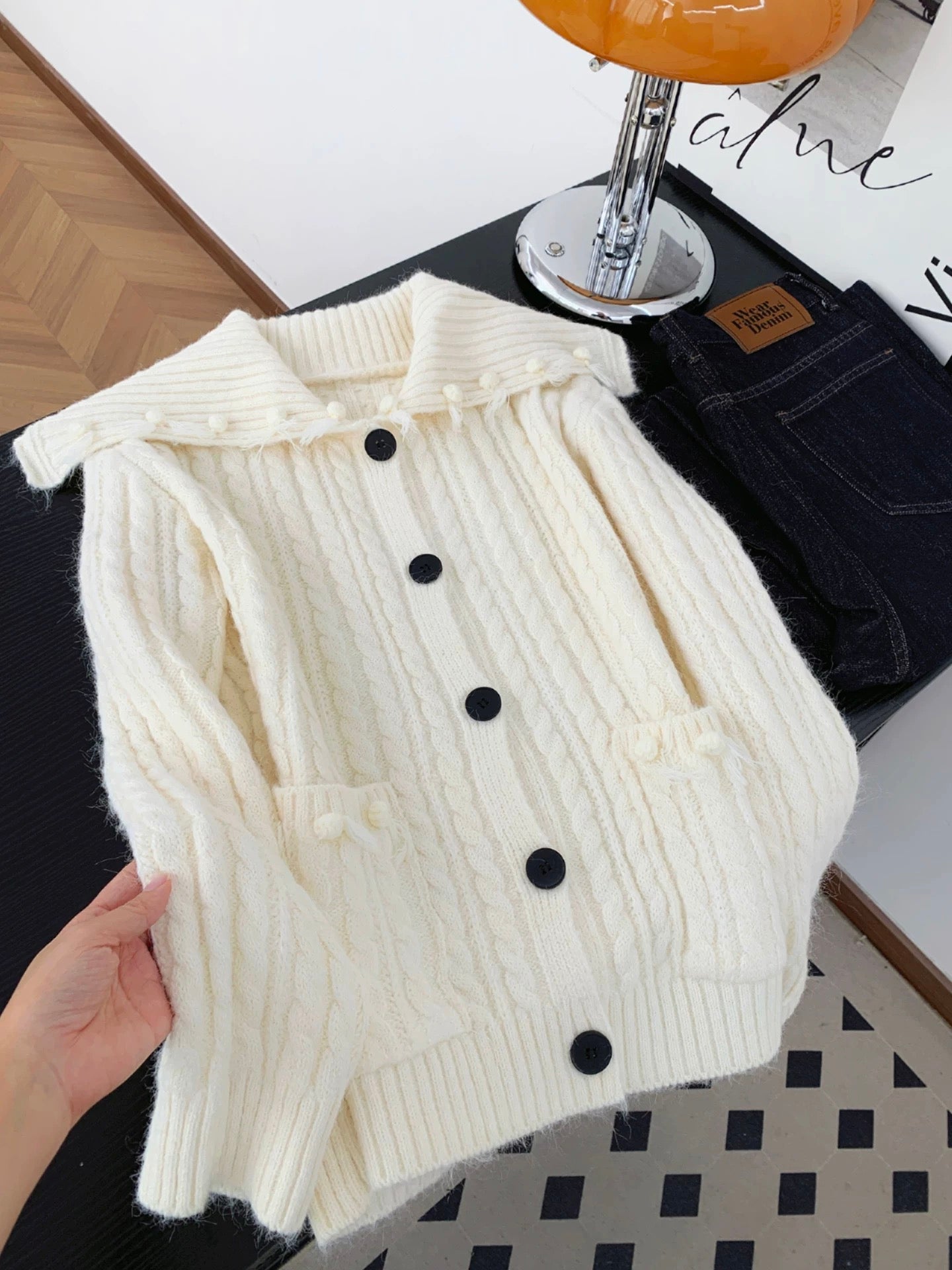 Maillard coffee navy collar tassel knitted cardigan women autumn and winter retro lazy style loose sweater jacket top