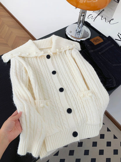 Maillard coffee navy collar tassel knitted cardigan women autumn and winter retro lazy style loose sweater jacket top