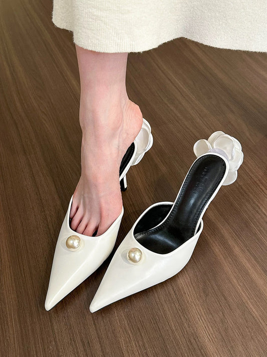 elingstudio Snow Princess! Pointed Toe Pearl High Heel Half Slippers Women's Spring 2024 Stiletto Mules