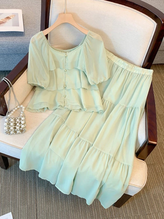 Large size suit summer slimming fashion two-piece suit for fat mm women's age-reducing short-sleeved ruffle top + a-line skirt