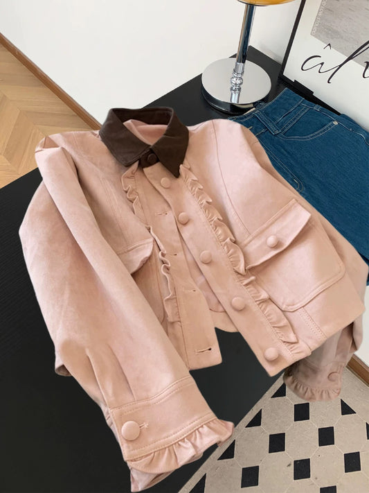 American retro style wood ear patchwork baseball jacket for women autumn sweet contrast color lapel short jacket