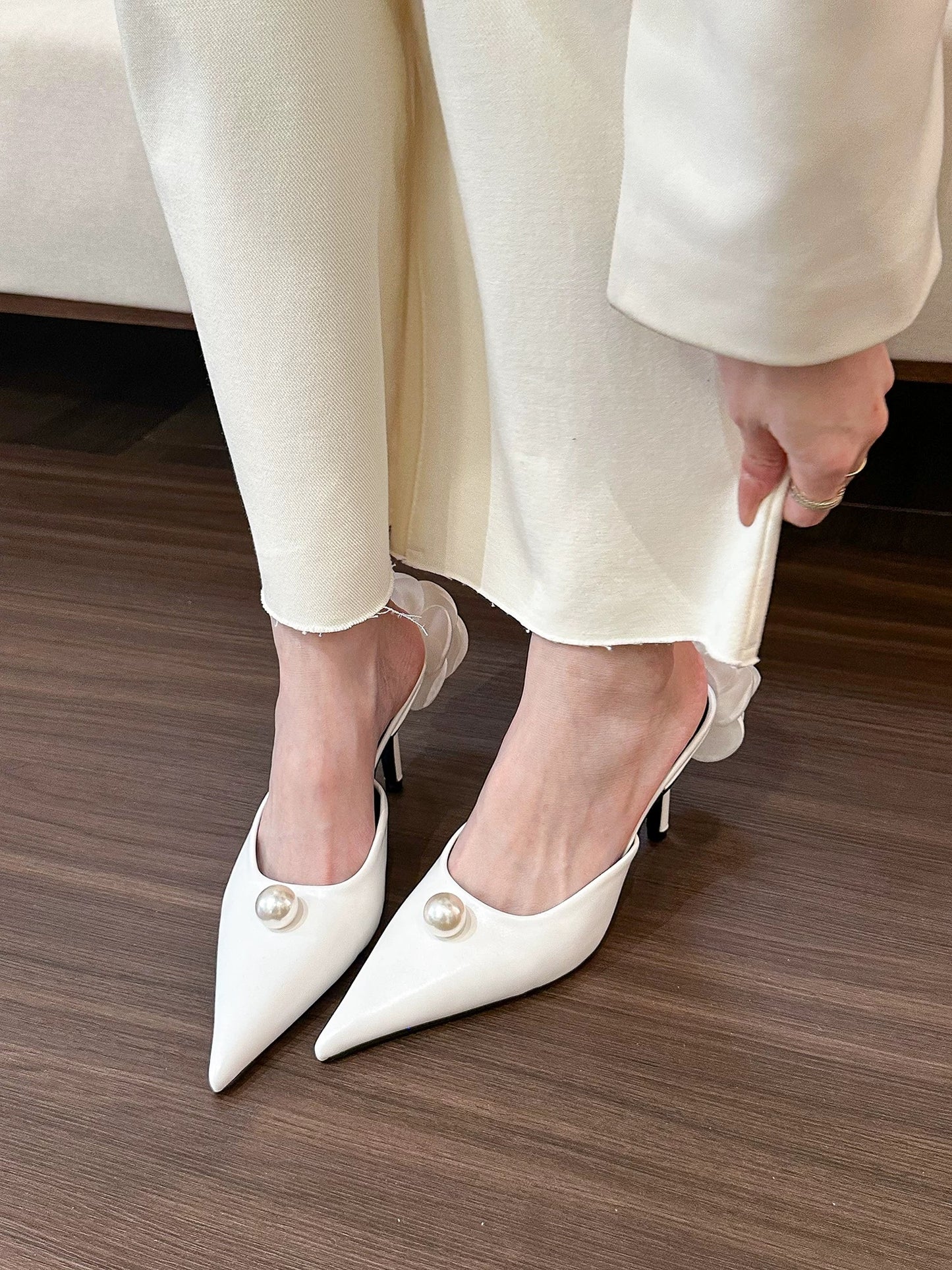 elingstudio Snow Princess! Pointed Toe Pearl High Heel Half Slippers Women's Spring 2024 Stiletto Mules