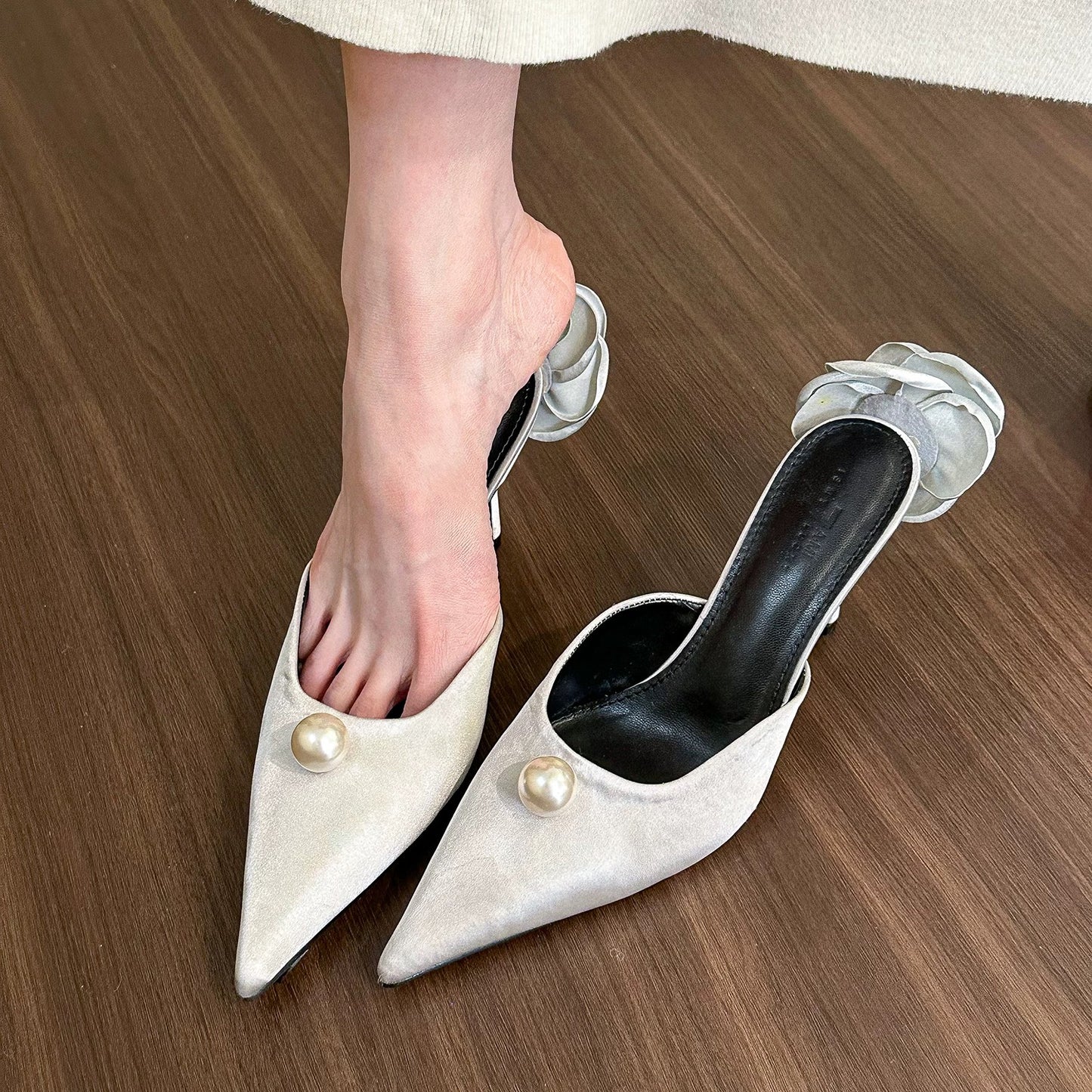 elingstudio Snow Princess! Pointed Toe Pearl High Heel Half Slippers Women's Spring 2024 Stiletto Mules