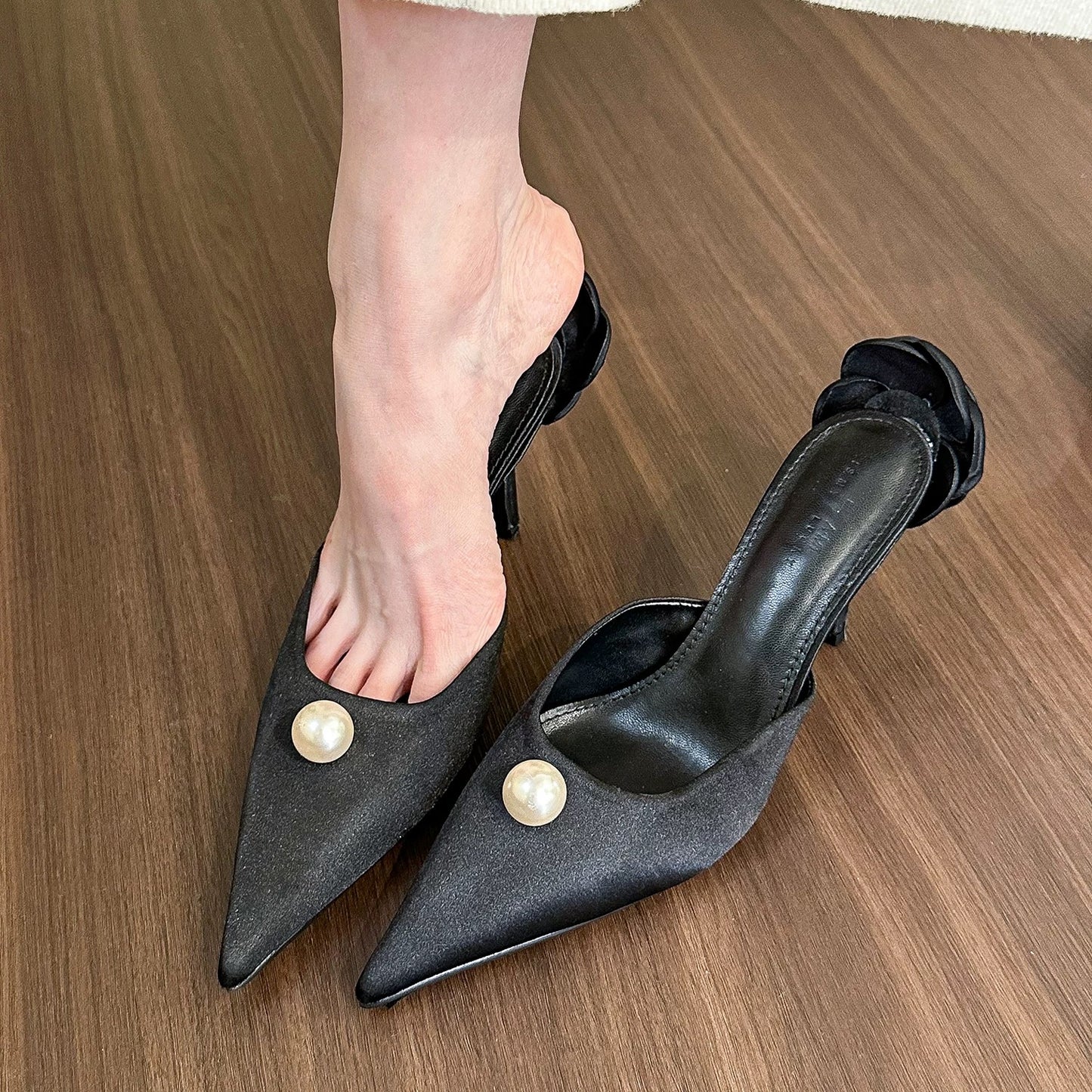 elingstudio Snow Princess! Pointed Toe Pearl High Heel Half Slippers Women's Spring 2024 Stiletto Mules