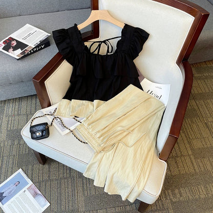 Plus size suit for women in summer, fat girl looks slim, ruffled flying sleeves, square collar top, loose casual pants two-piece set