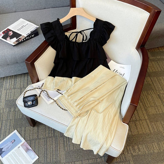Plus size suit for women in summer, fat girl looks slim, ruffled flying sleeves, square collar top, loose casual pants two-piece set