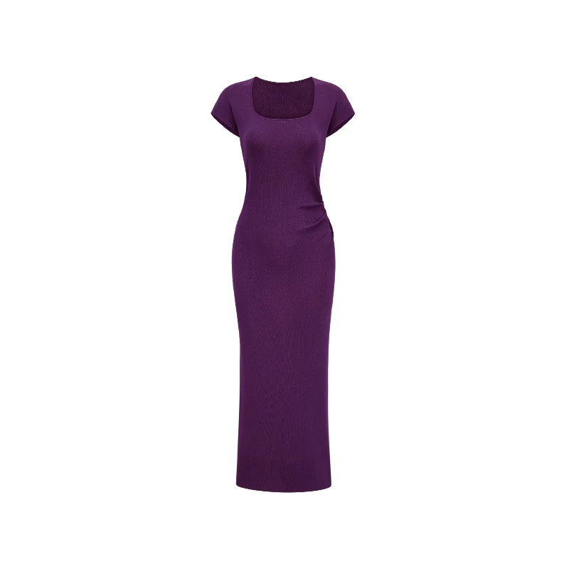 Lin Guanguan purple knitted short-sleeved square-neck dress for women French waist-length dress slim waist unique hip skirt