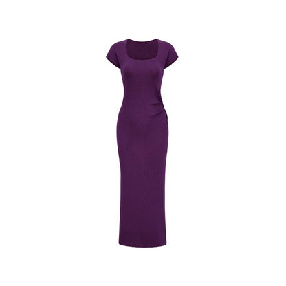 Lin Guanguan purple knitted short-sleeved square-neck dress for women French waist-length dress slim waist unique hip skirt