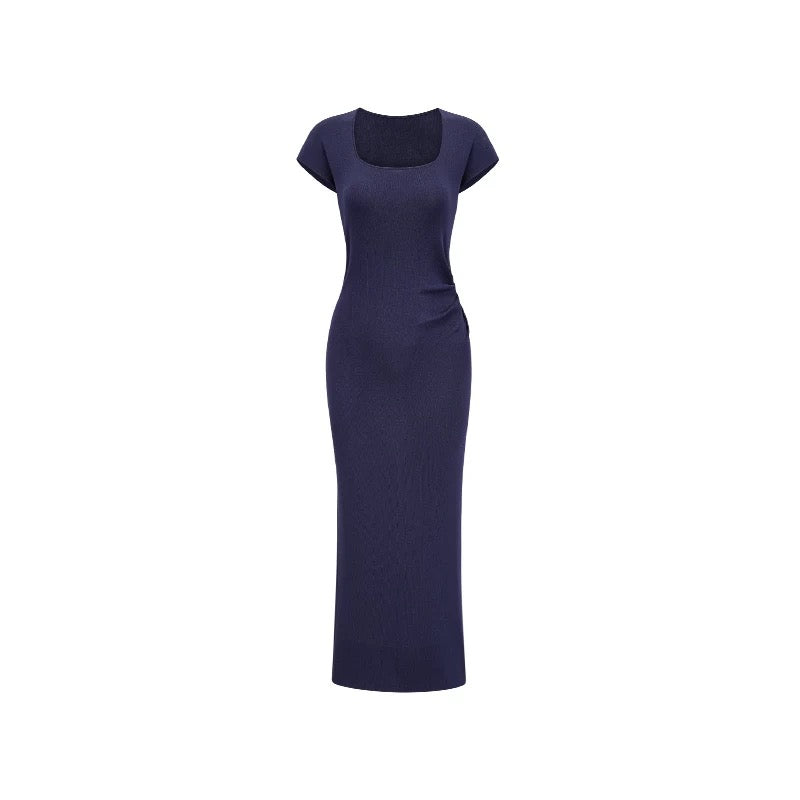 Lin Guanguan purple knitted short-sleeved square-neck dress for women French waist-length dress slim waist unique hip skirt