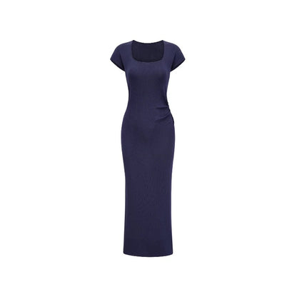 Lin Guanguan purple knitted short-sleeved square-neck dress for women French waist-length dress slim waist unique hip skirt