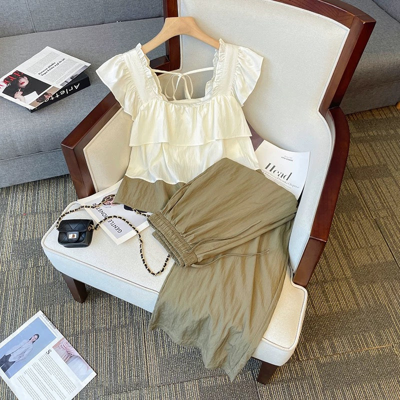 Plus size suit for women in summer, fat girl looks slim, ruffled flying sleeves, square collar top, loose casual pants two-piece set