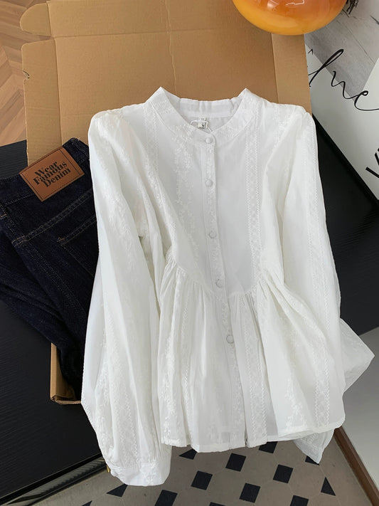 French sweet and gentle style jacquard embroidery stand collar shirt women's autumn temperament beautiful white pleated long sleeve top