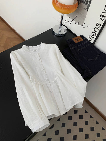 French sweet and gentle style jacquard embroidery stand collar shirt women's autumn temperament beautiful white pleated long sleeve top