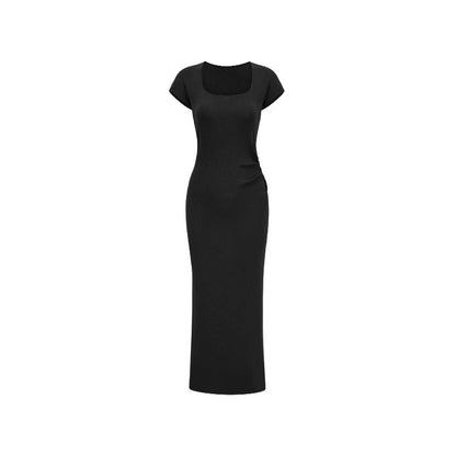 Lin Guanguan purple knitted short-sleeved square-neck dress for women French waist-length dress slim waist unique hip skirt