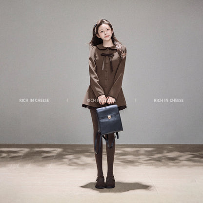Jin Chuanchuan, Chanson Lovers, Korean Style Autumn/Winter Girlish Bow-Knot Woolen Retro Color Block Fitted Waist Dress