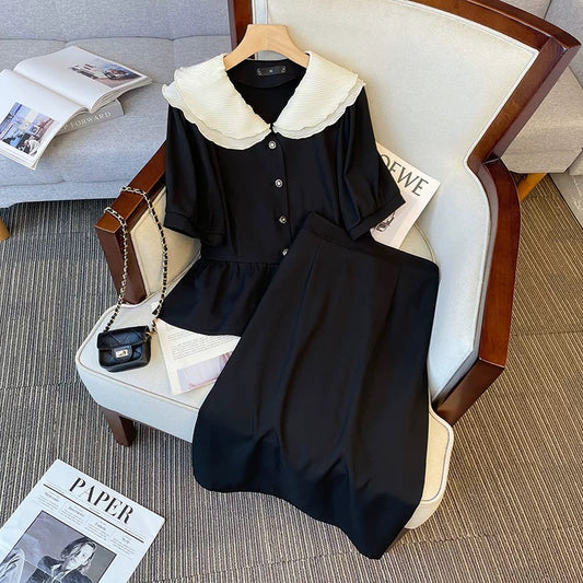Plus size suit skirt for women in summer, fat girl looks slim and fashionable, color-blocked double-layer collar top, casual skirt two-piece set