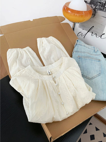 French high-end gentle style round neck lantern sleeve shirt women's autumn sweet temperament short lace embroidered top