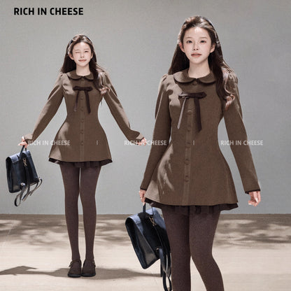 Jin Chuanchuan, Chanson Lovers, Korean Style Autumn/Winter Girlish Bow-Knot Woolen Retro Color Block Fitted Waist Dress