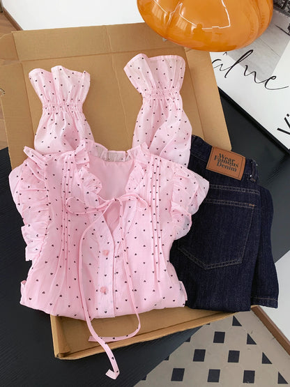 French sweet and gentle style heavy pleated polka dot shirt women's spring and autumn design loose long-sleeved shirt top