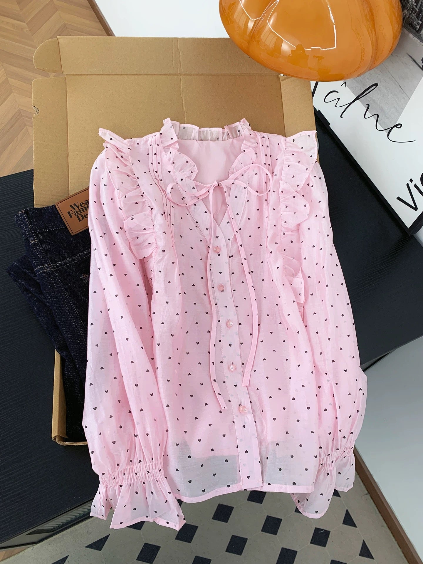 French sweet and gentle style heavy pleated polka dot shirt women's spring and autumn design loose long-sleeved shirt top