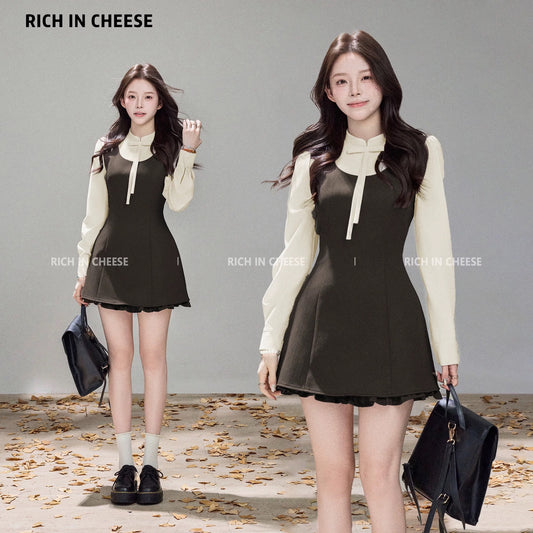 Jin Chuanchuan Half Sugar Mocha Korean Style Autumn/Winter Elegant Fashion Patchwork Faux Two-Piece Dress with Middle Collar and Slim Waist
