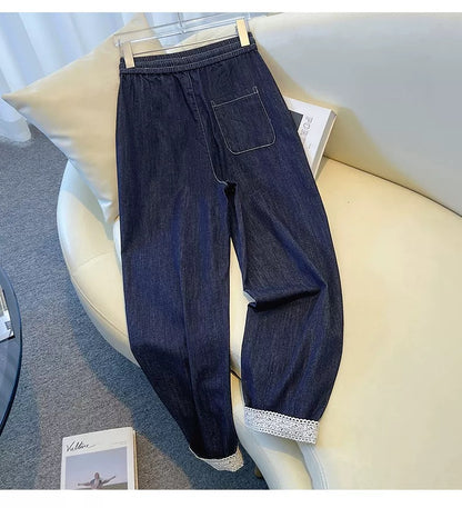 Dark Blue Harem Jeans Women's Spring Autumn 2024 New High Waist Slim Lace Splicing Nine-Point Dad Pants