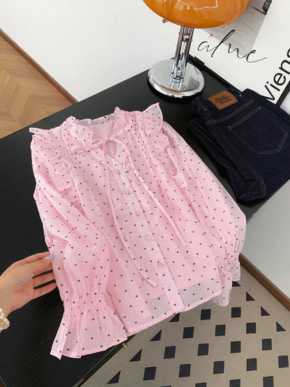 French sweet and gentle style heavy pleated polka dot shirt women's spring and autumn design loose long-sleeved shirt top