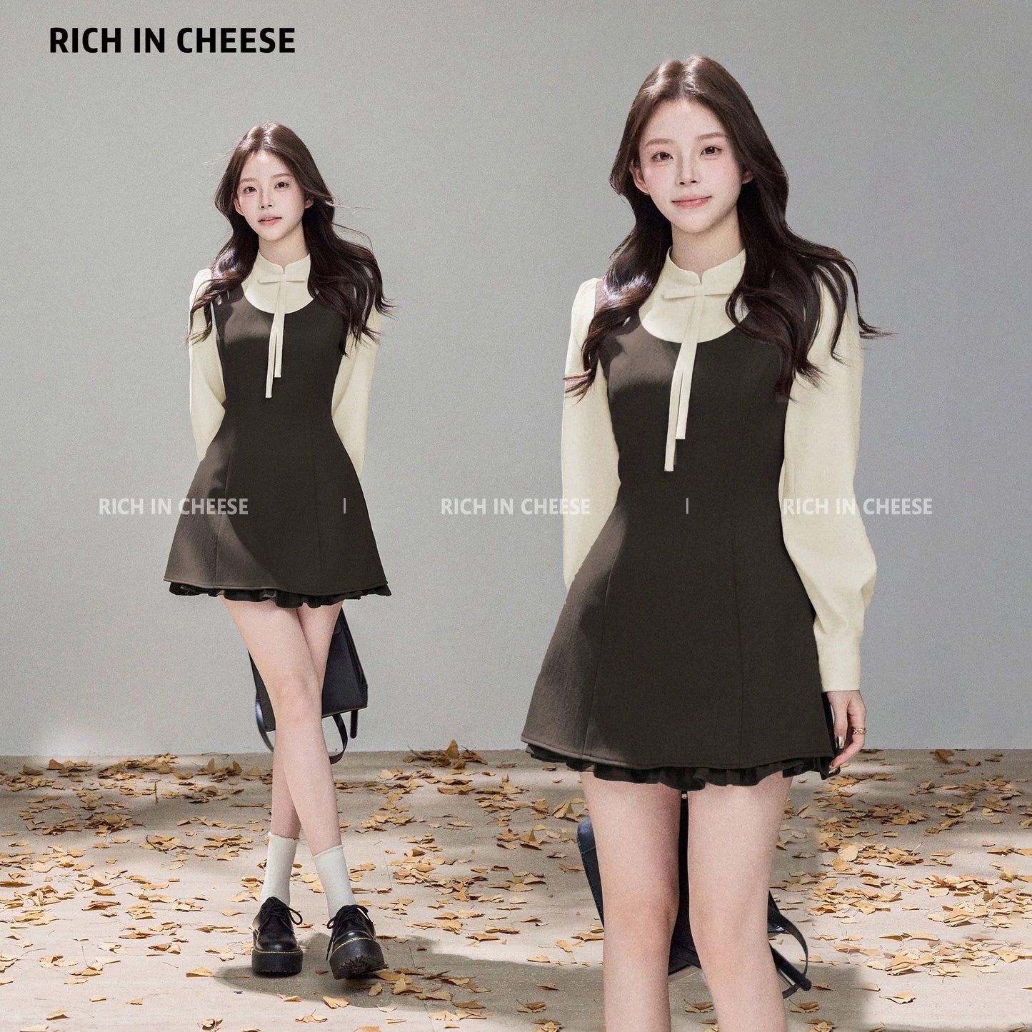 Jin Chuanchuan Half Sugar Mocha Korean Style Autumn/Winter Elegant Fashion Patchwork Faux Two-Piece Dress with Middle Collar and Slim Waist