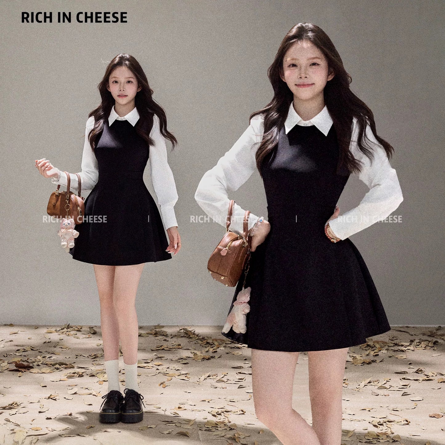 Jin Chuanchuan, Long Island Early Autumn: Elegant Black and White Faux Two-Piece Dress with Slimming Waist Design.