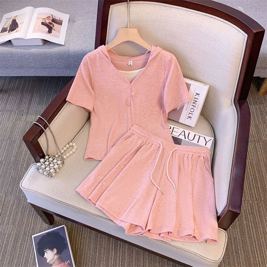 Fat girl's summer slimming suit, fashionable plus size women's loose hooded top, casual wide-leg shorts two-piece set, trendy