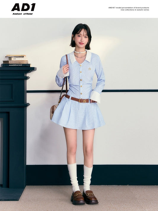 ANDYET AD1 original lapel blue striped pleated dress with patchwork waist A-line shirt skirt for women commuting