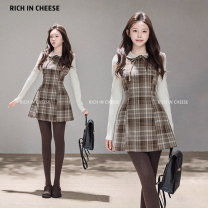 Jin Chuanchuan, Bella Girl, French Autumn/Winter Plaid College Retro Bow Patchwork Waist-cinching Dress