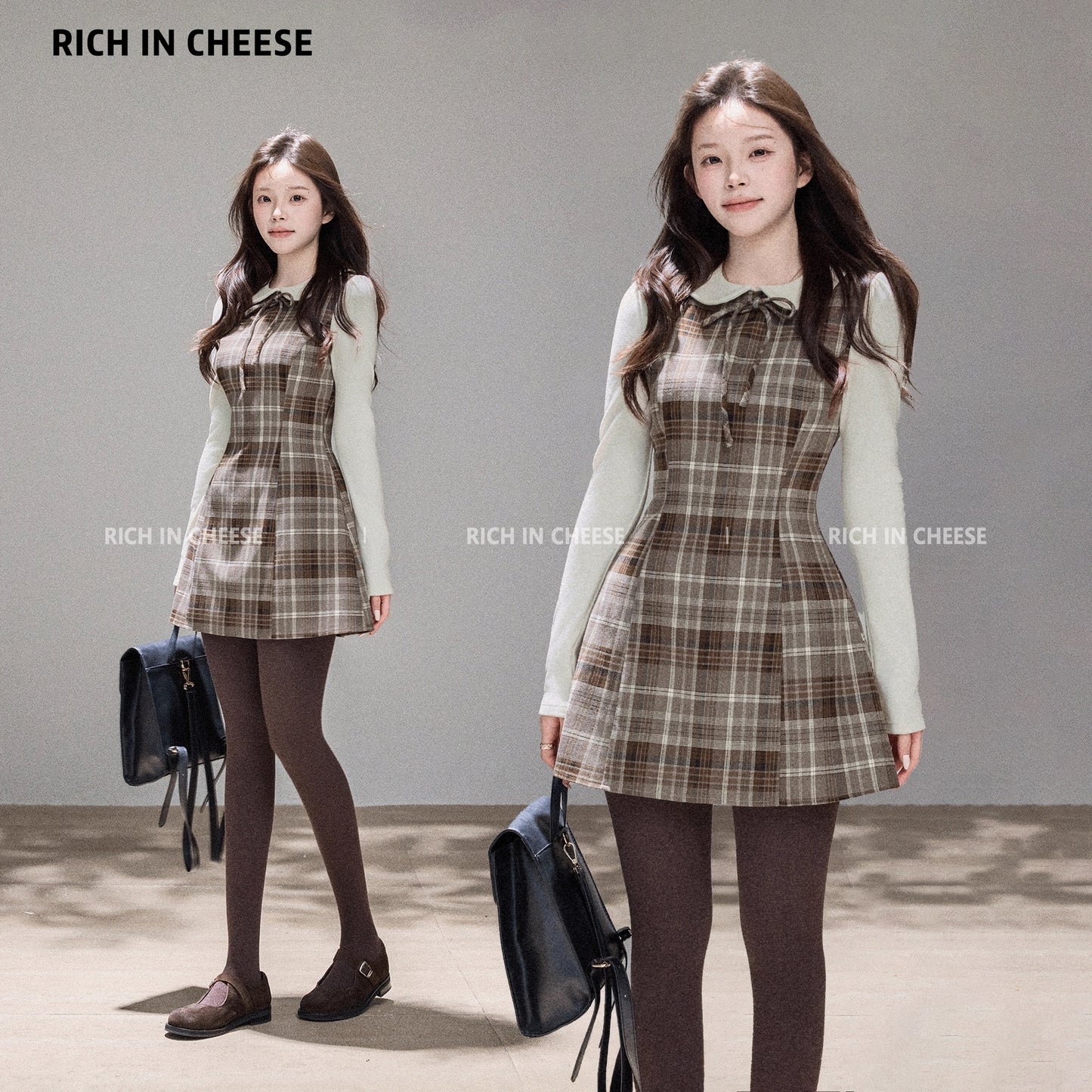 Jin Chuanchuan, Bella Girl, French Autumn/Winter Plaid College Retro Bow Patchwork Waist-cinching Dress