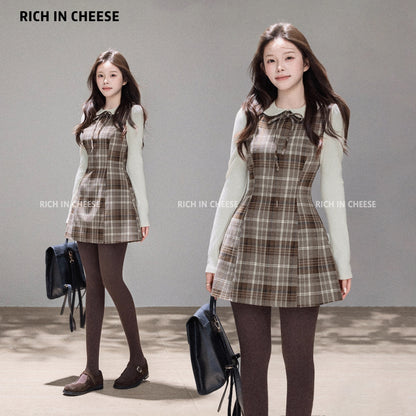 Jin Chuanchuan, Bella Girl, French Autumn/Winter Plaid College Retro Bow Patchwork Waist-cinching Dress