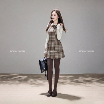 Jin Chuanchuan, Bella Girl, French Autumn/Winter Plaid College Retro Bow Patchwork Waist-cinching Dress