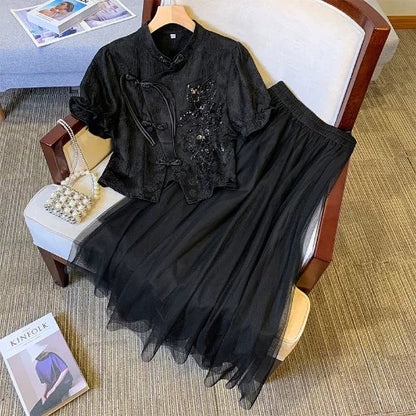 Beautiful buckle embroidered blouse and mesh skirt suit for women. Summer plus size fat girl looks slim, advanced and gentle two-piece set
